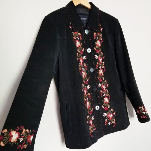 Bernardo Women's XL Suede Genuine Leather Floral Embroidered Jacket Coat Black - Picture 4 of 16